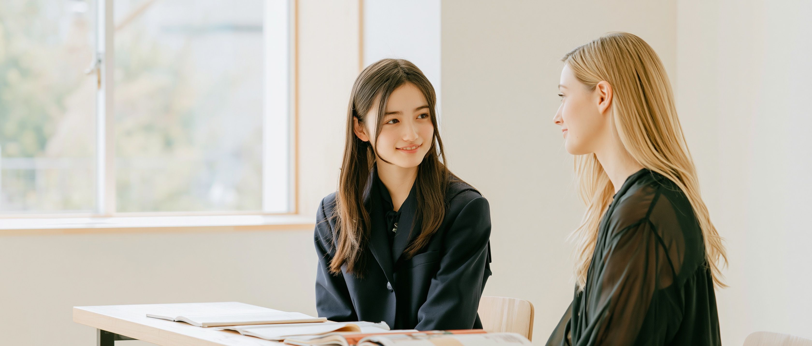 バイリンガル講師と机を挟んで向き合う女子中学生